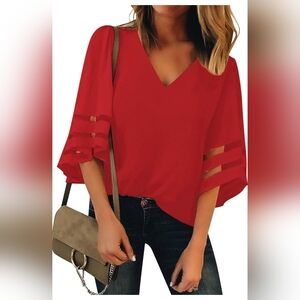 LookbookStore Women's V Neck Mesh Panel Blouse 3/4 Bell Sleeve Loose Top Shirt